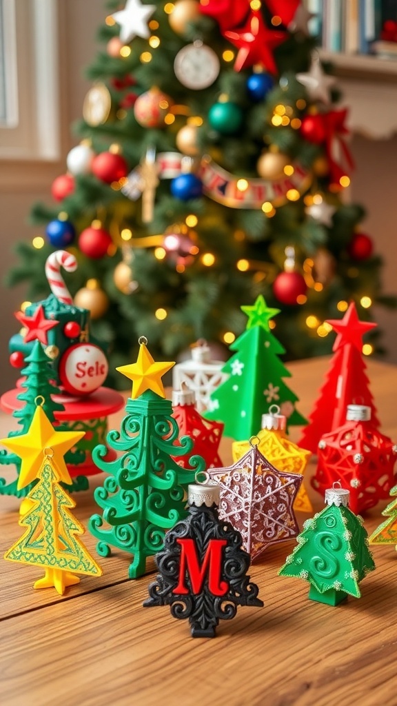 Colorful 3D printed Christmas ornaments in various designs on a table with a Christmas tree in the background.
